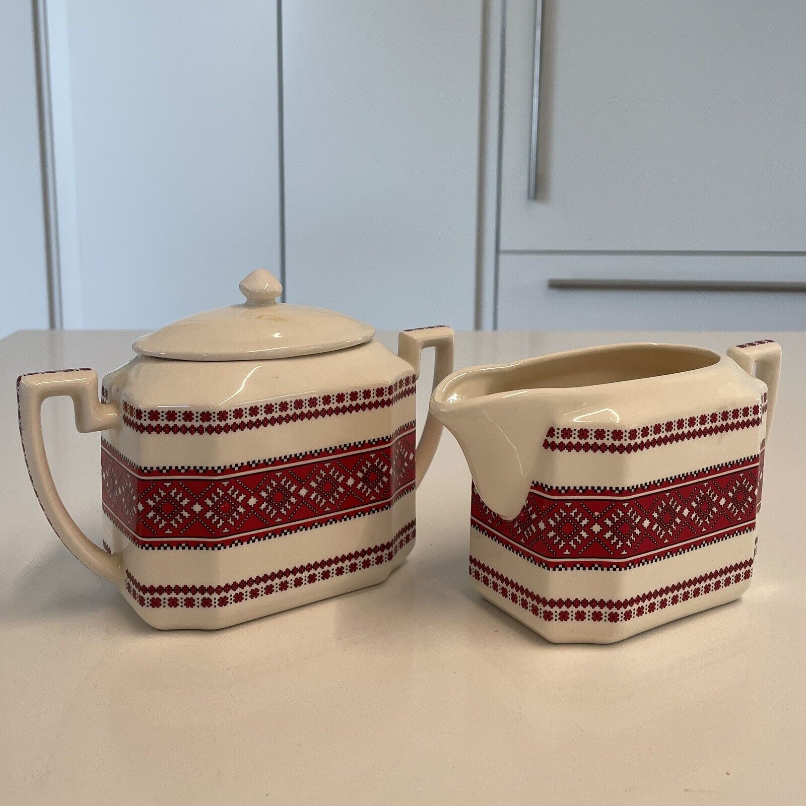 Vintage Ukrainian Pattern Cream & Sugar Red White Geometric Slavic Traditional