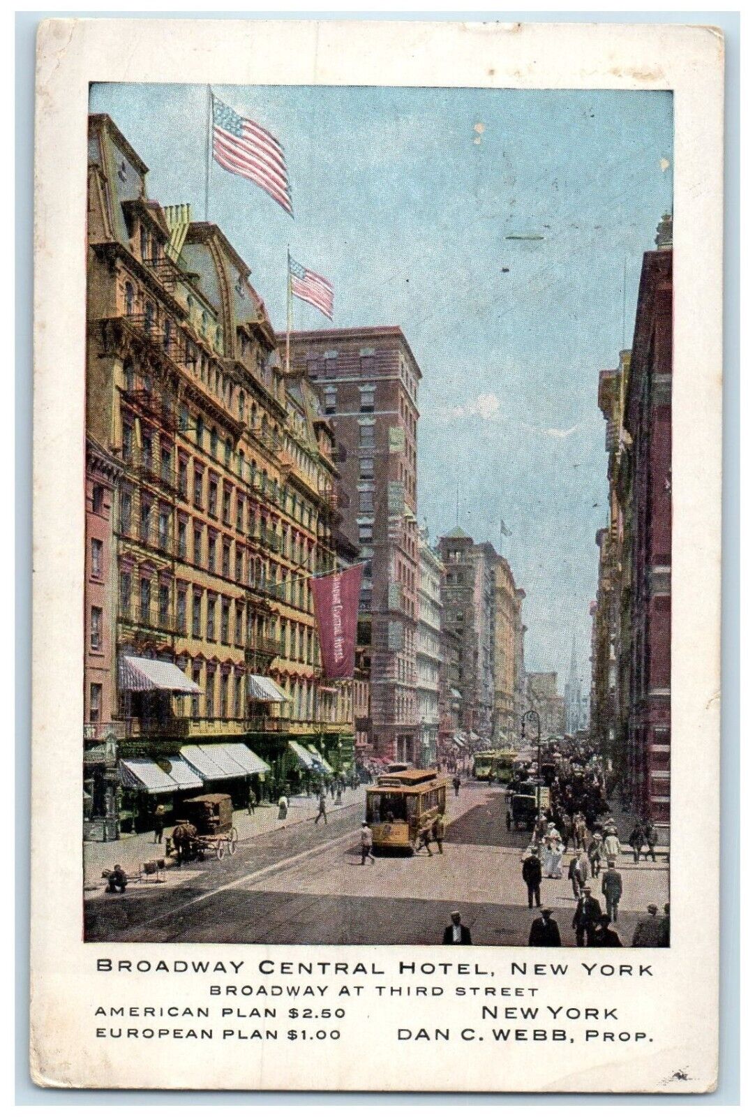 Broadway New York NY Postcard Central Hotel Broadway Third Street 1910 Vintage