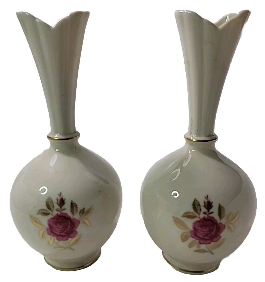 Lovely Pr. Vintage LENOX Rhodora Roses Fine China Bud Vases~27/V-304~Retired MCM