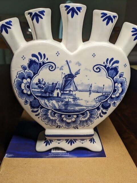 Heinen Souvenirs Heart-shaped tulip vase windmill/flower White/Blue NEW