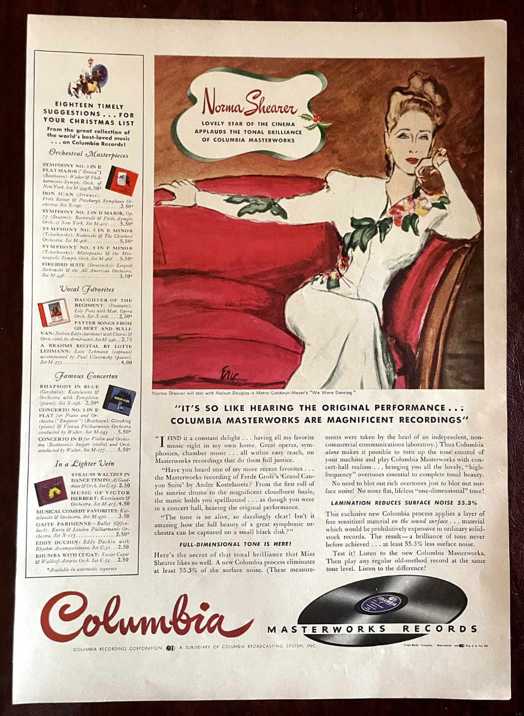 1941 Columbia Records Vintage Print AD Norma Shearer Masterworks