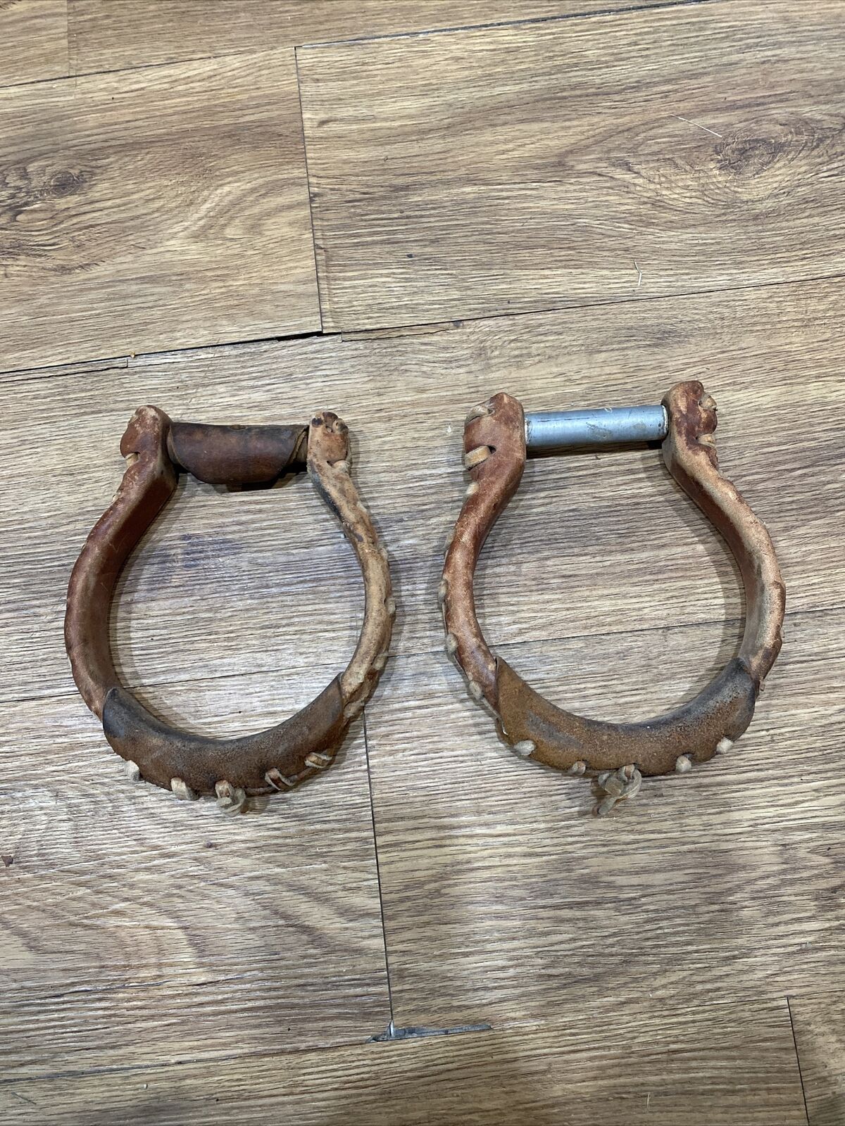 Pair - Vtg Cowboy Western Saddle Ox Bow Stirrups Medal Leather Wrapped