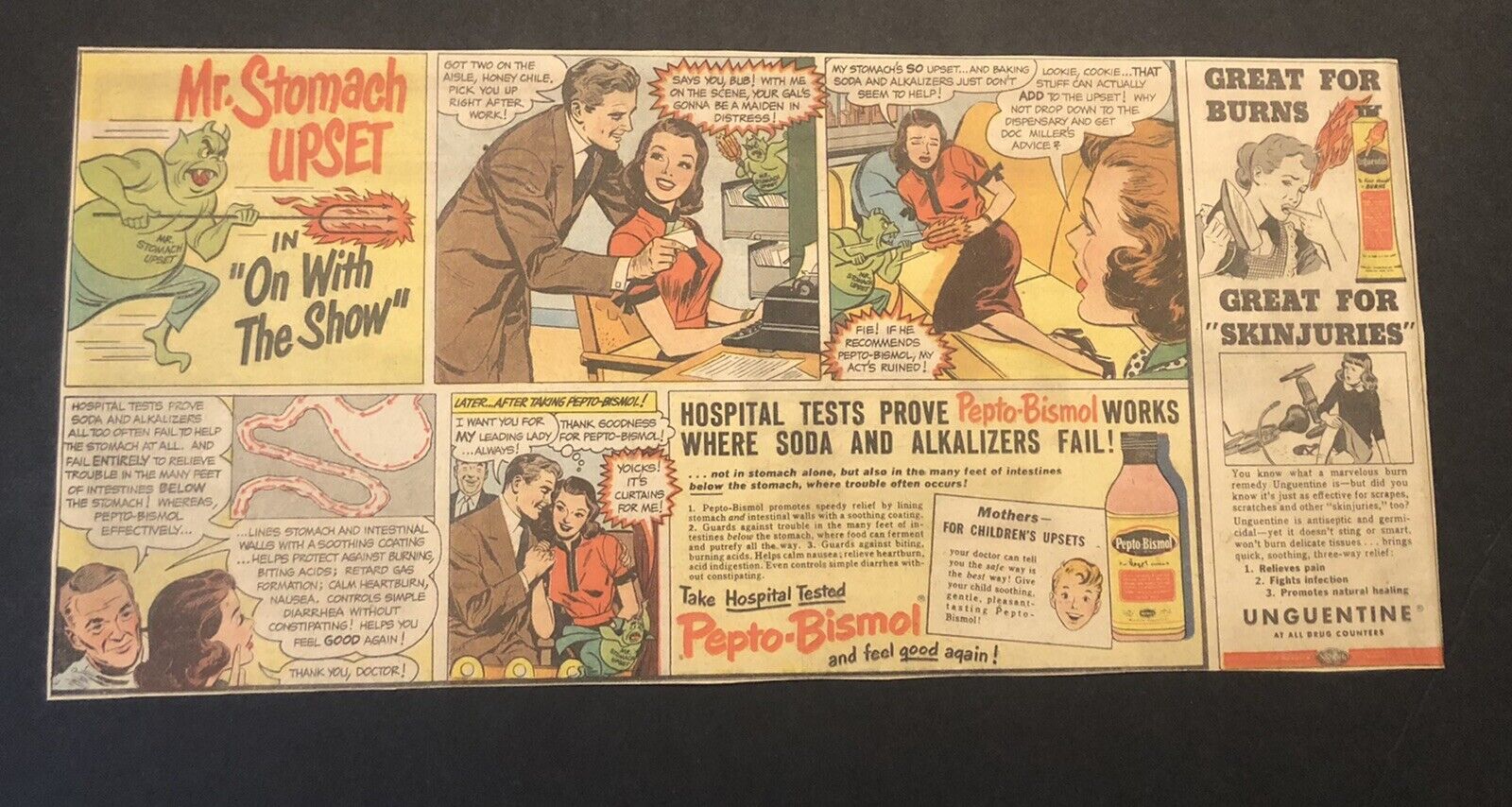 1950’s Mr. Stomach Upset Pepto-Bismol On With The Show  Comic Newspaper Ad
