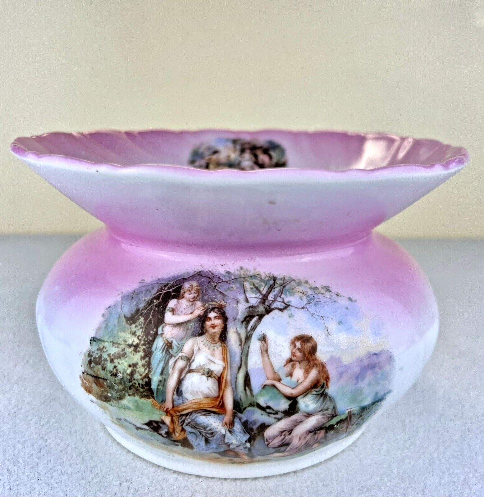 Antique Victoria Carlsbad Austria Stoneware Spitoon Pink & White Greek Goddess