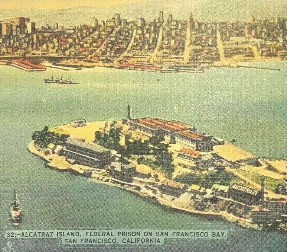 Vintage Postcard  Alcatraz Island California Aerial View Linen Post Card