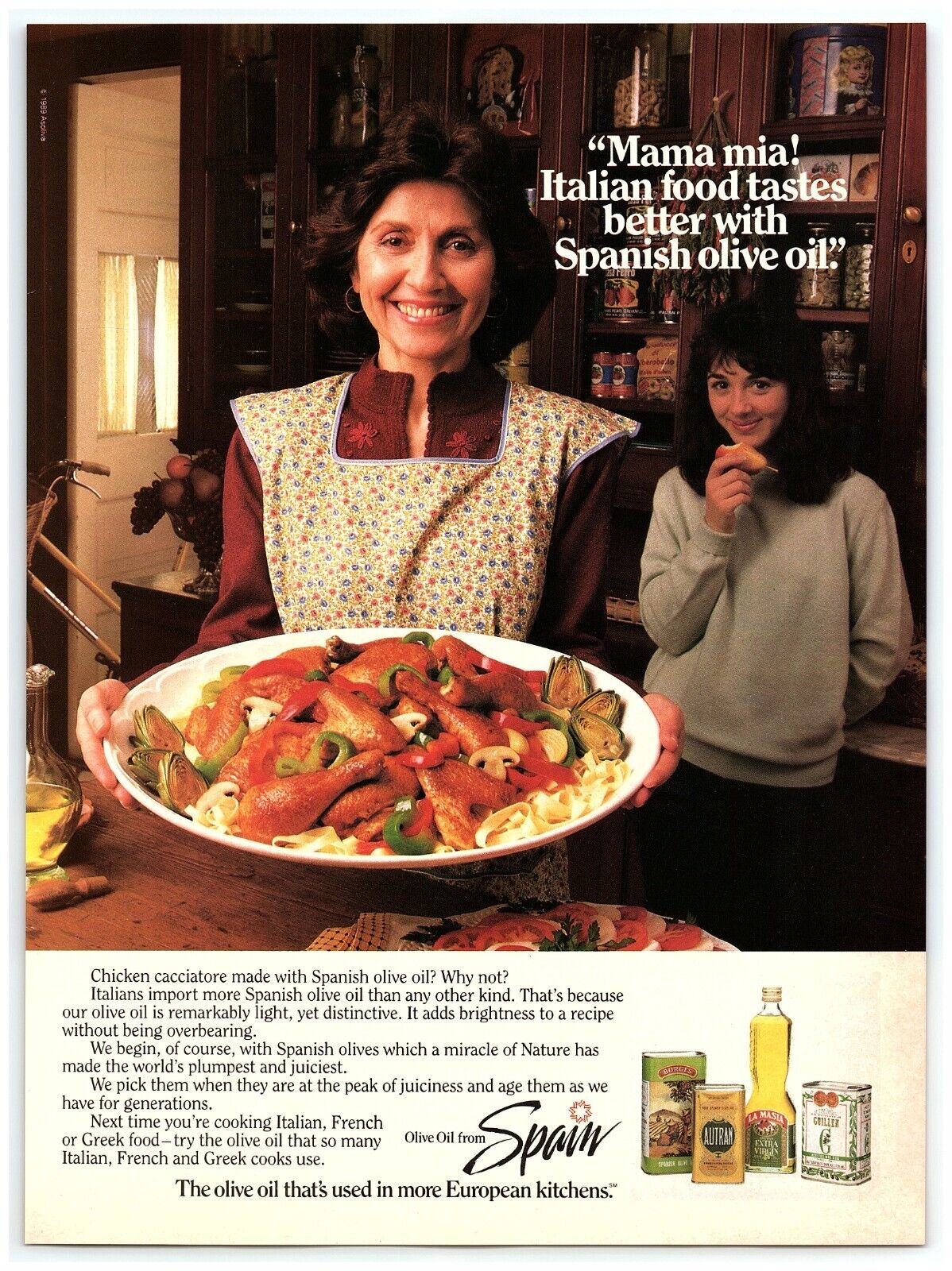 1989 Olive Oil From Spain Print Ad, Mama Mia Italian Food Tastes Better Spanish