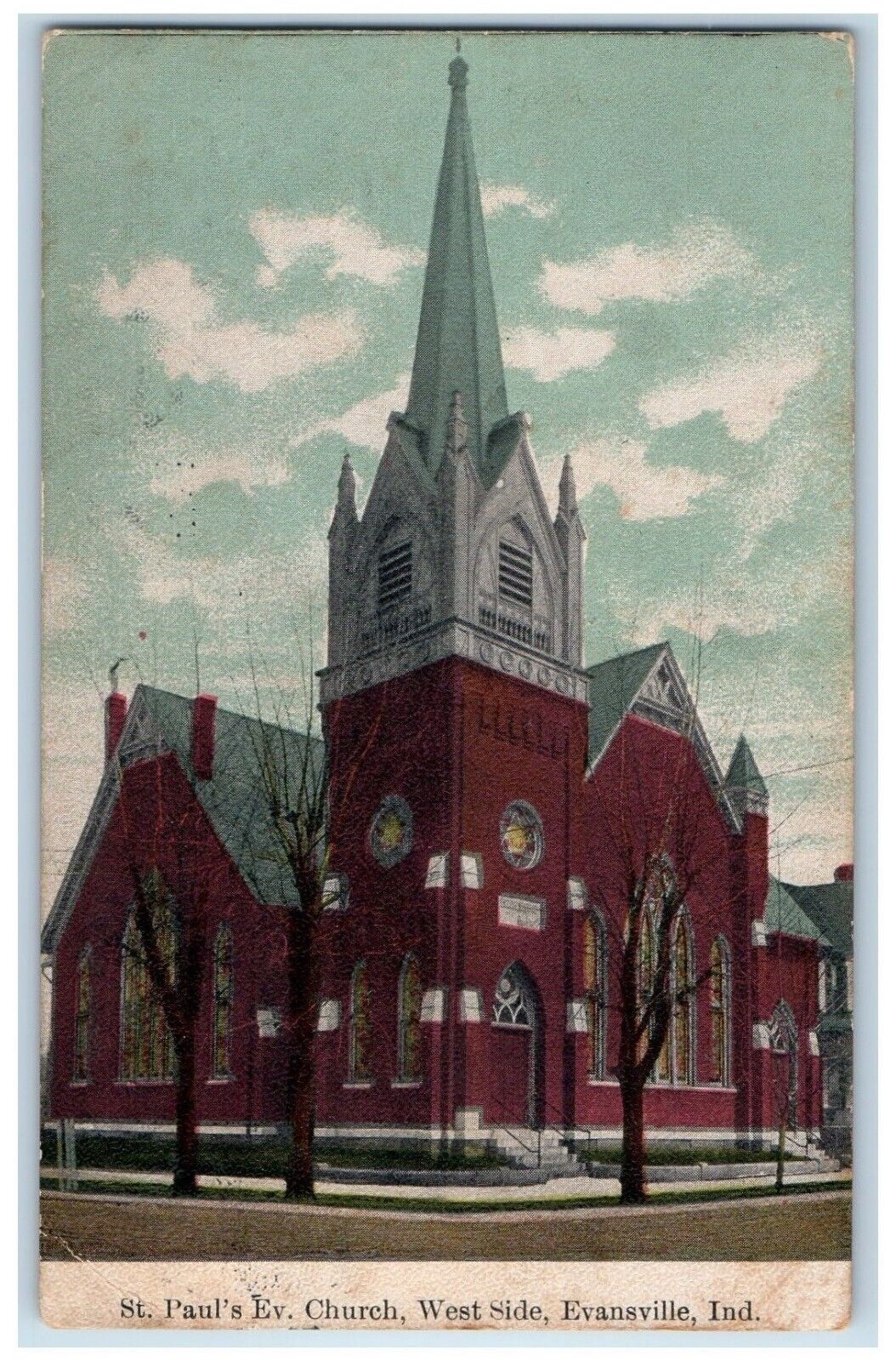 c1910 St. Paul's Ev. Church West Side Evansville Indiana IN Posted Postcard