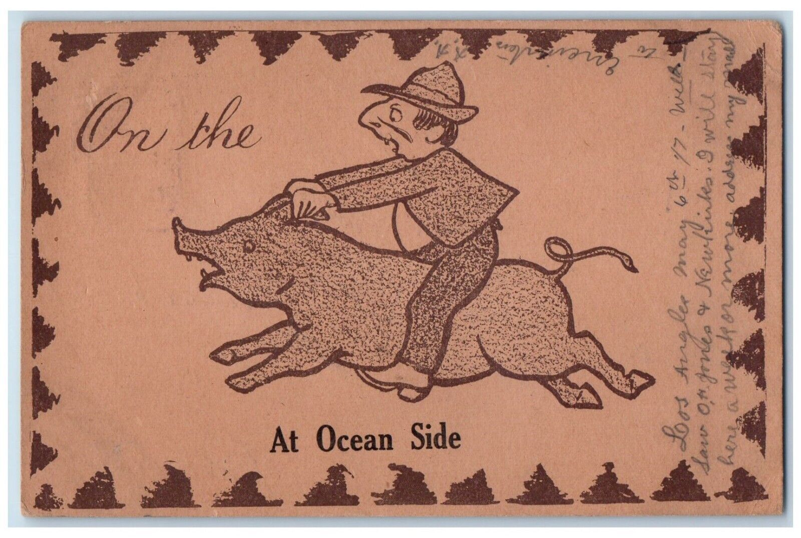 1907 On The Ocean Side Riding Pig Los Angeles California CA Souvenir Postcard