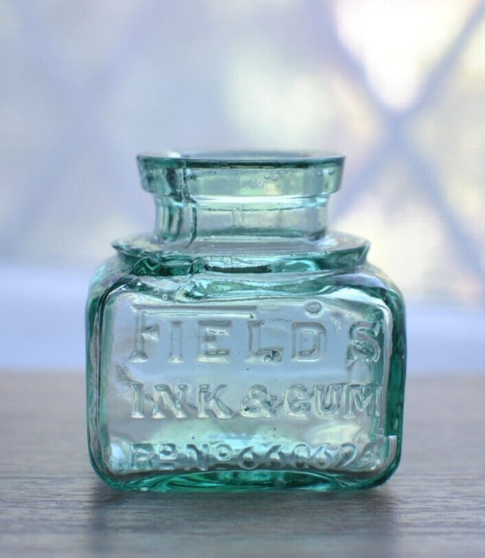 Superb Vintage Aqua Glass Ink Bottle / FIELD\'S INK & GUM  / Antique / POT
