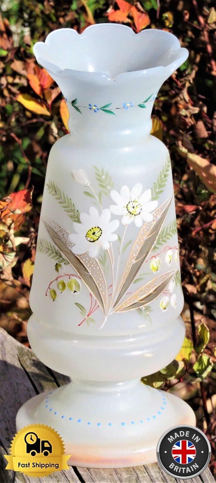 Antique Victorian Vase 1850s Hand Blown Bristol Glass Opaline Painted Pontil
