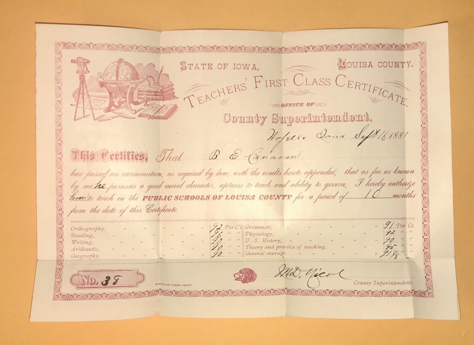 1881 Wapello, Louisa County, Iowa Teacher’s First Class Certificate, Very Ornate