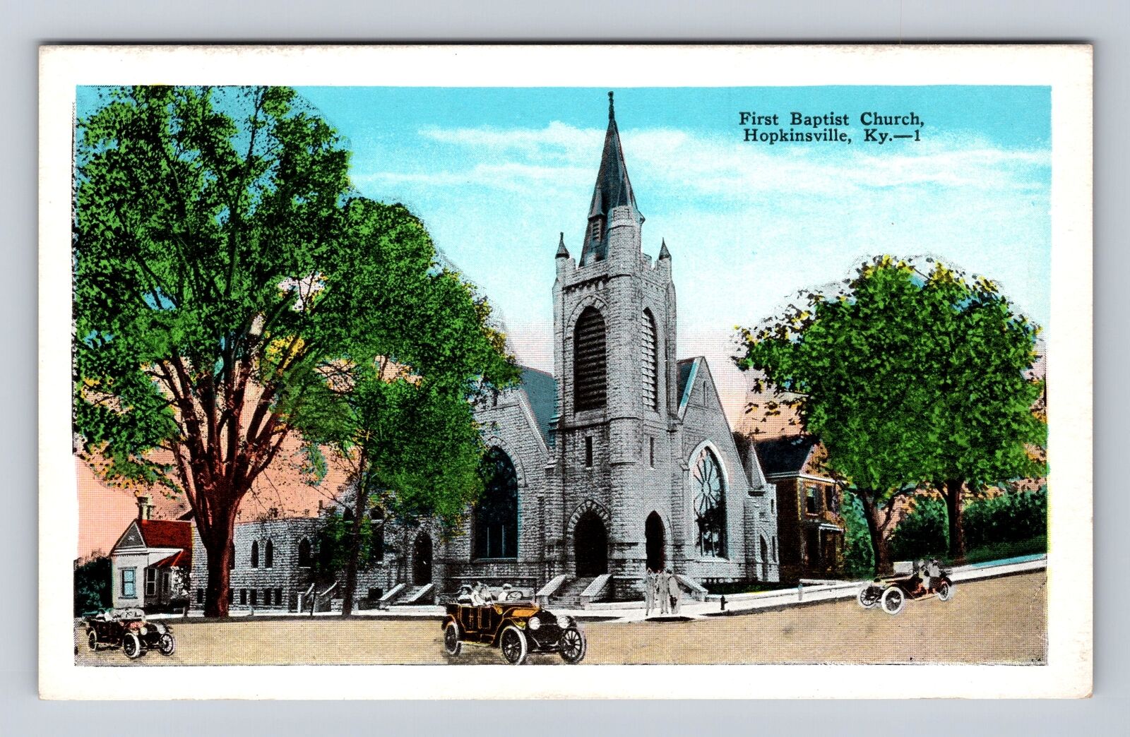 Hopkinsville KY-Kentucky, First Baptist Church, Early Autos, Vintage Postcard