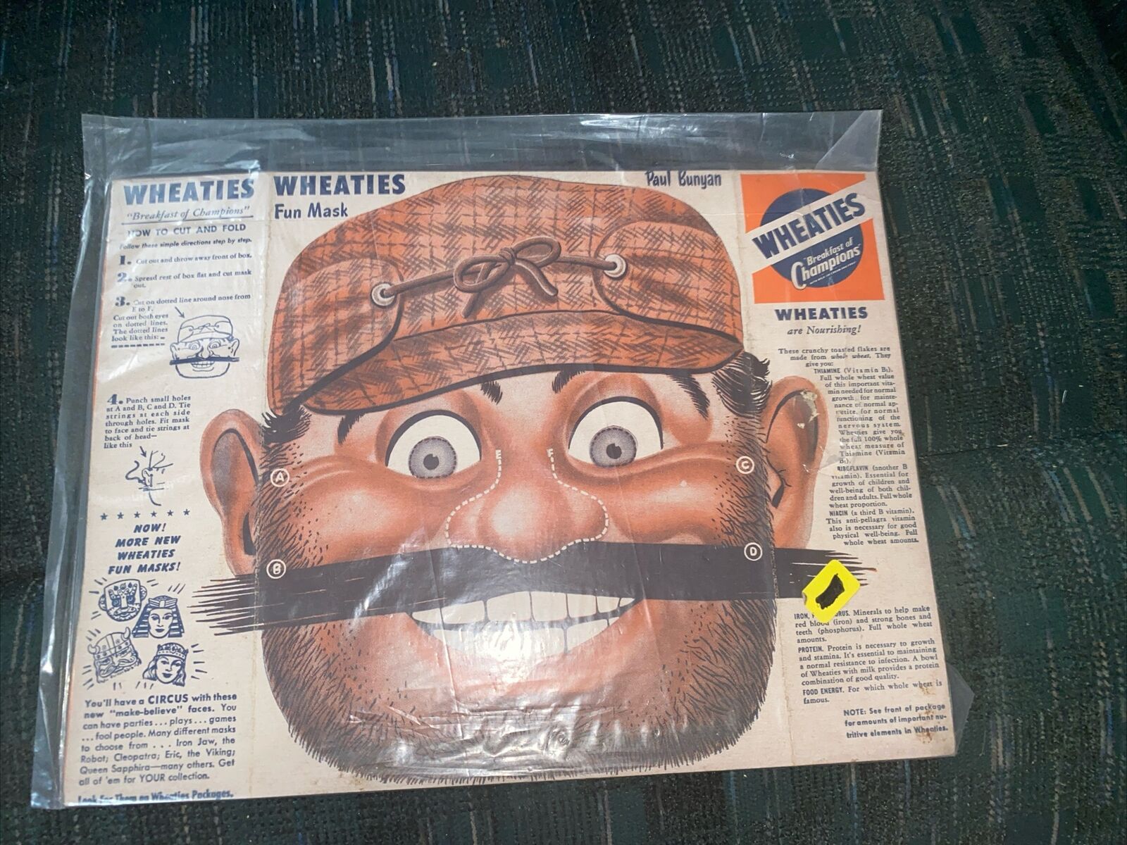 Vintage 1940’s Wheaties Cereal Box Panel Fun Mask Paul Bunyan