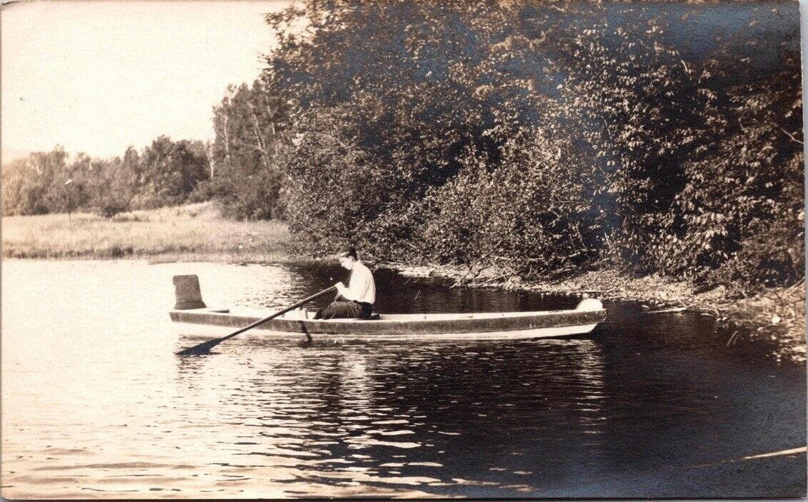 c1915 Sad Man Rowing Canoe Kayak Antique Snapshot Photo 