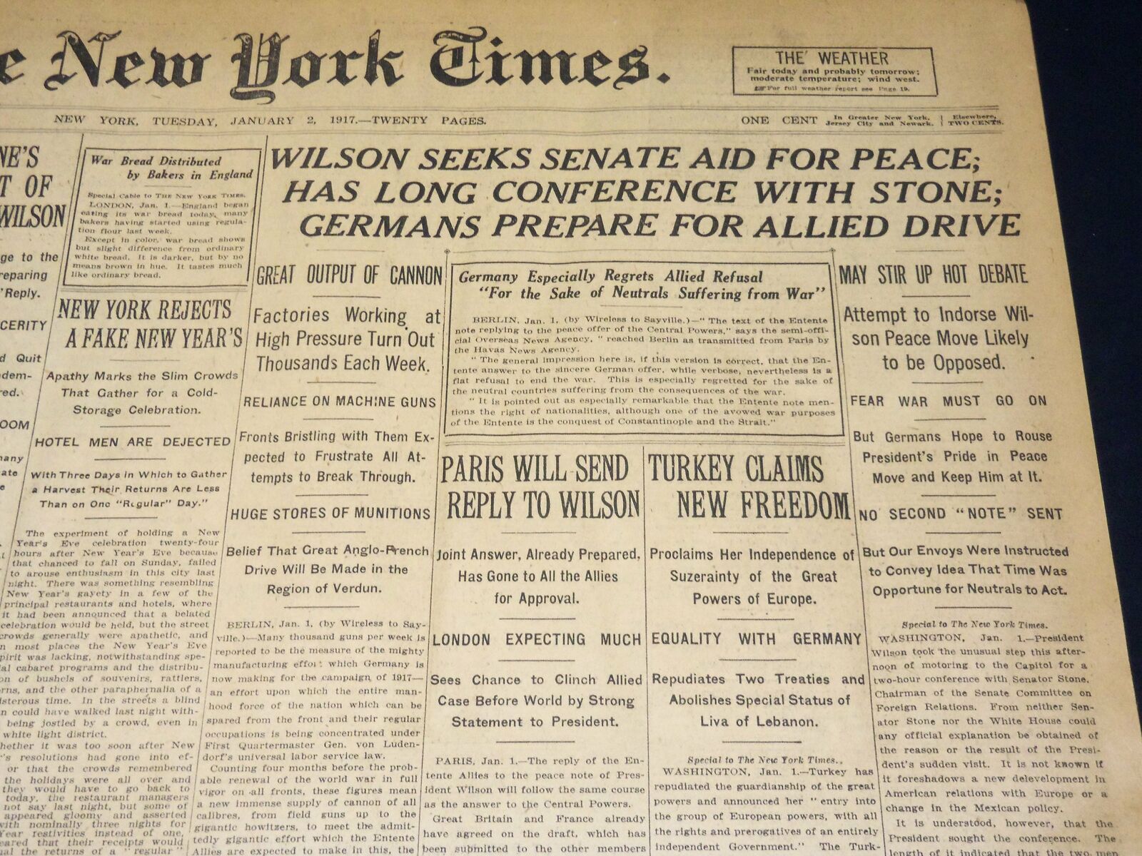 1917 JANUARY 2 NEW YORK TIMES - TURKEY CLAIMS NEW FREEDOM - NT 8732