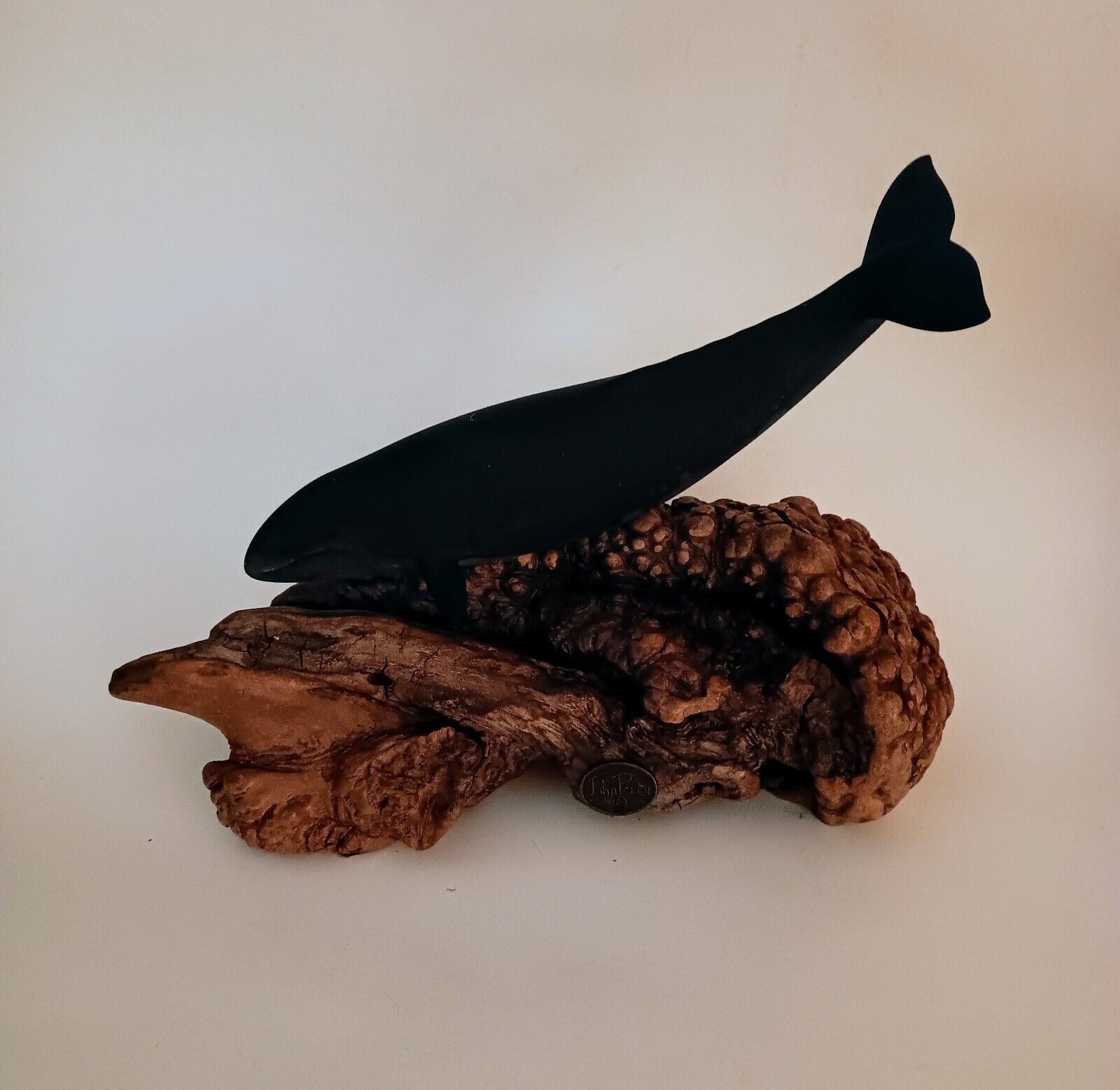 John Perry Art Vintage Black Whale On Burlwood Sculpture