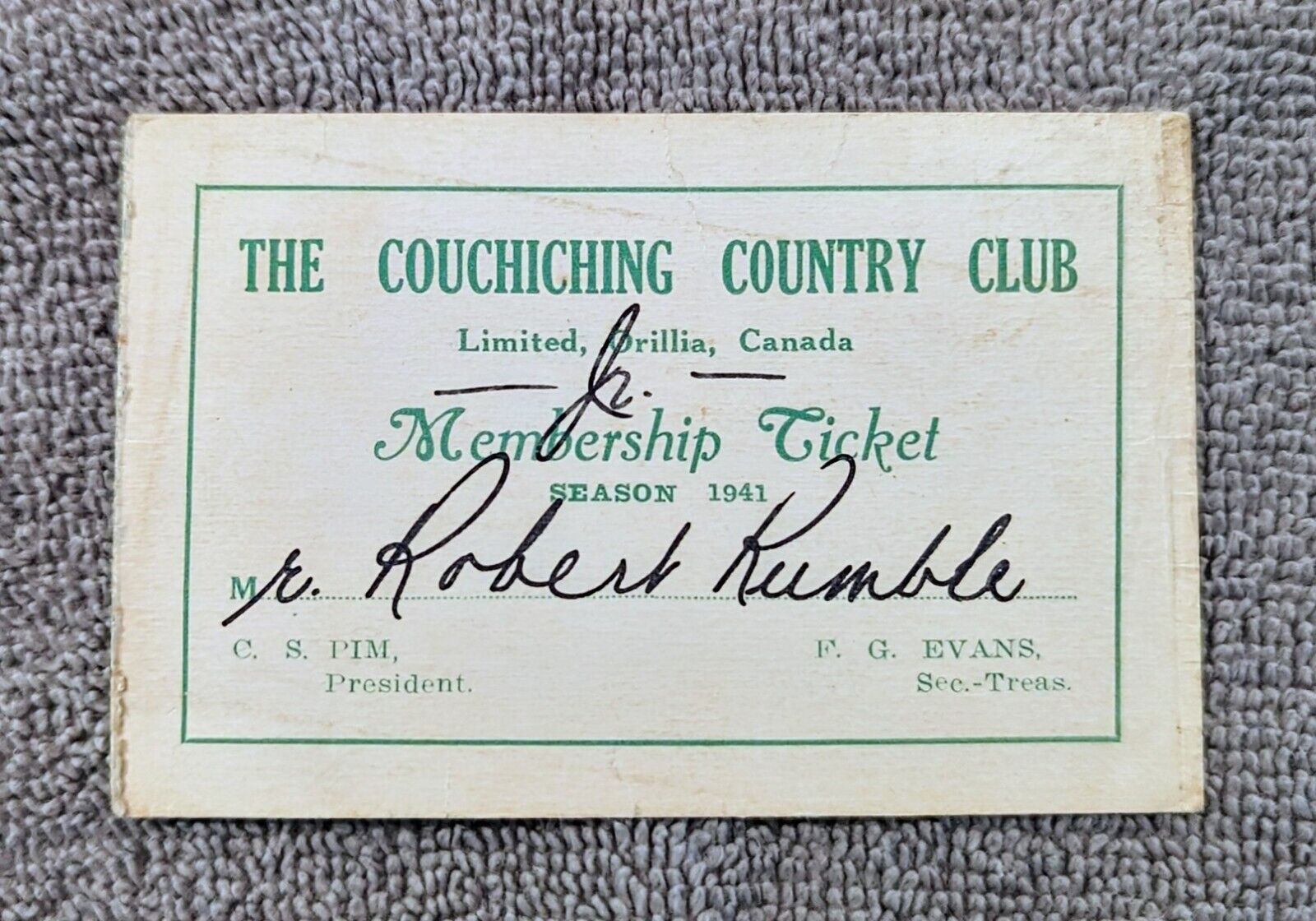 Vintage 1941 Couchiching Country Club Golf Membership Card Orillia On 