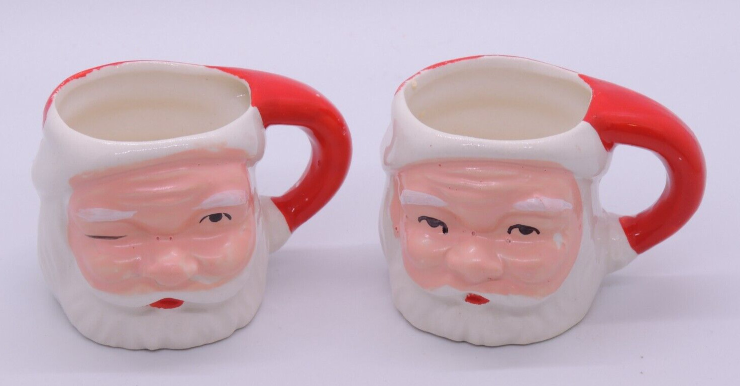 Set: 2 Vintage Santa Ceramic Mini Christmas Mug Faces Japan (1 Winking) Lot