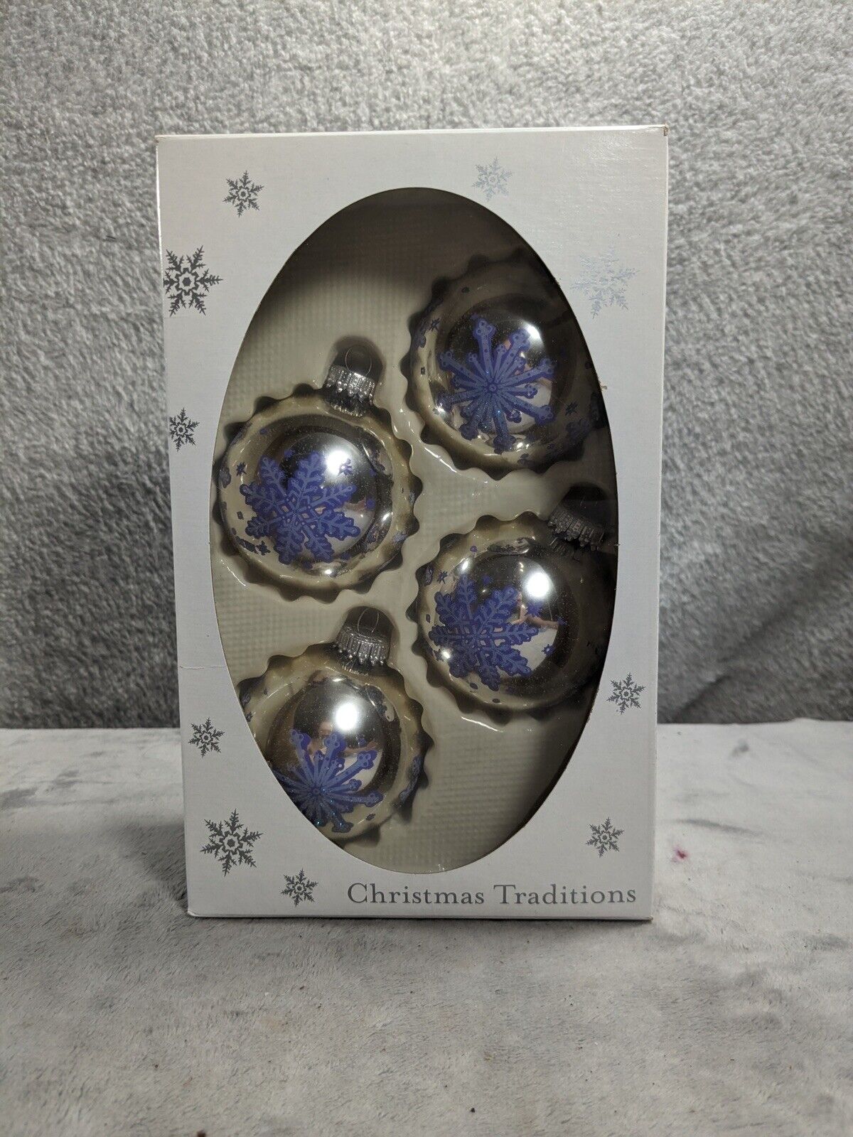 4 Vintage Glass Christmas Ornaments Silver With Blue Snowflakes