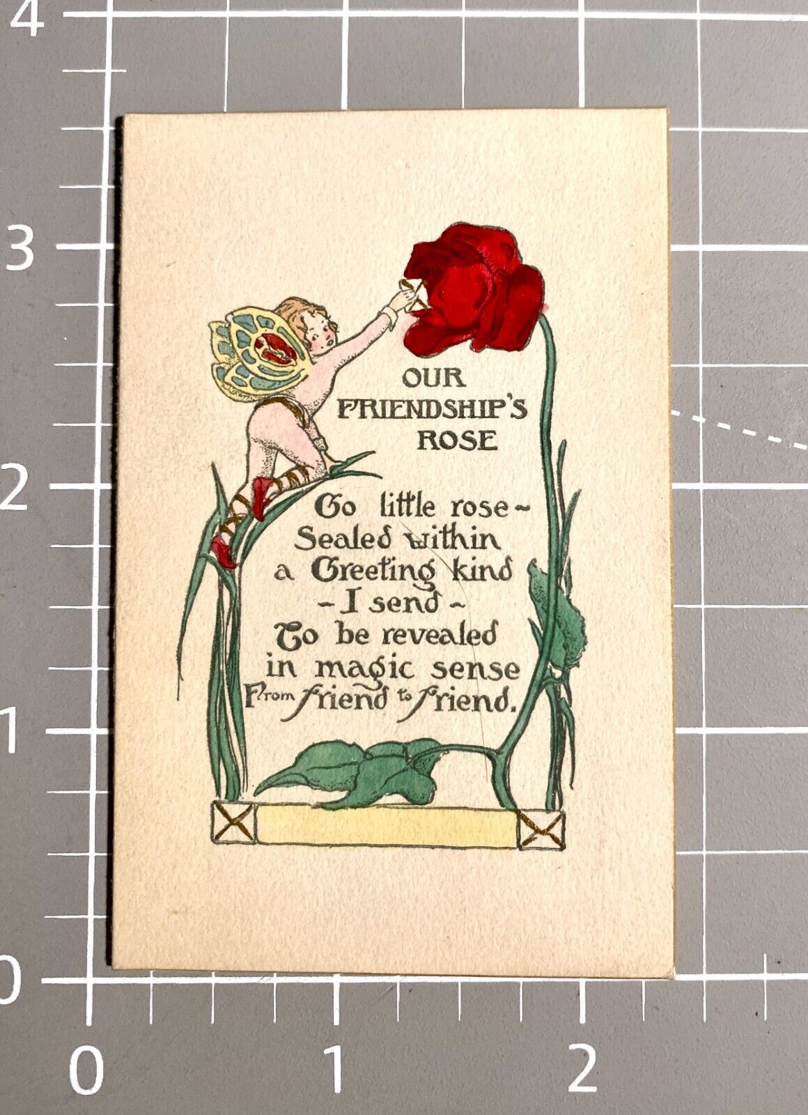 c1910 Nice Art Nouveau Friendship Mini Greeting Card Hand Painted Fairy Rose