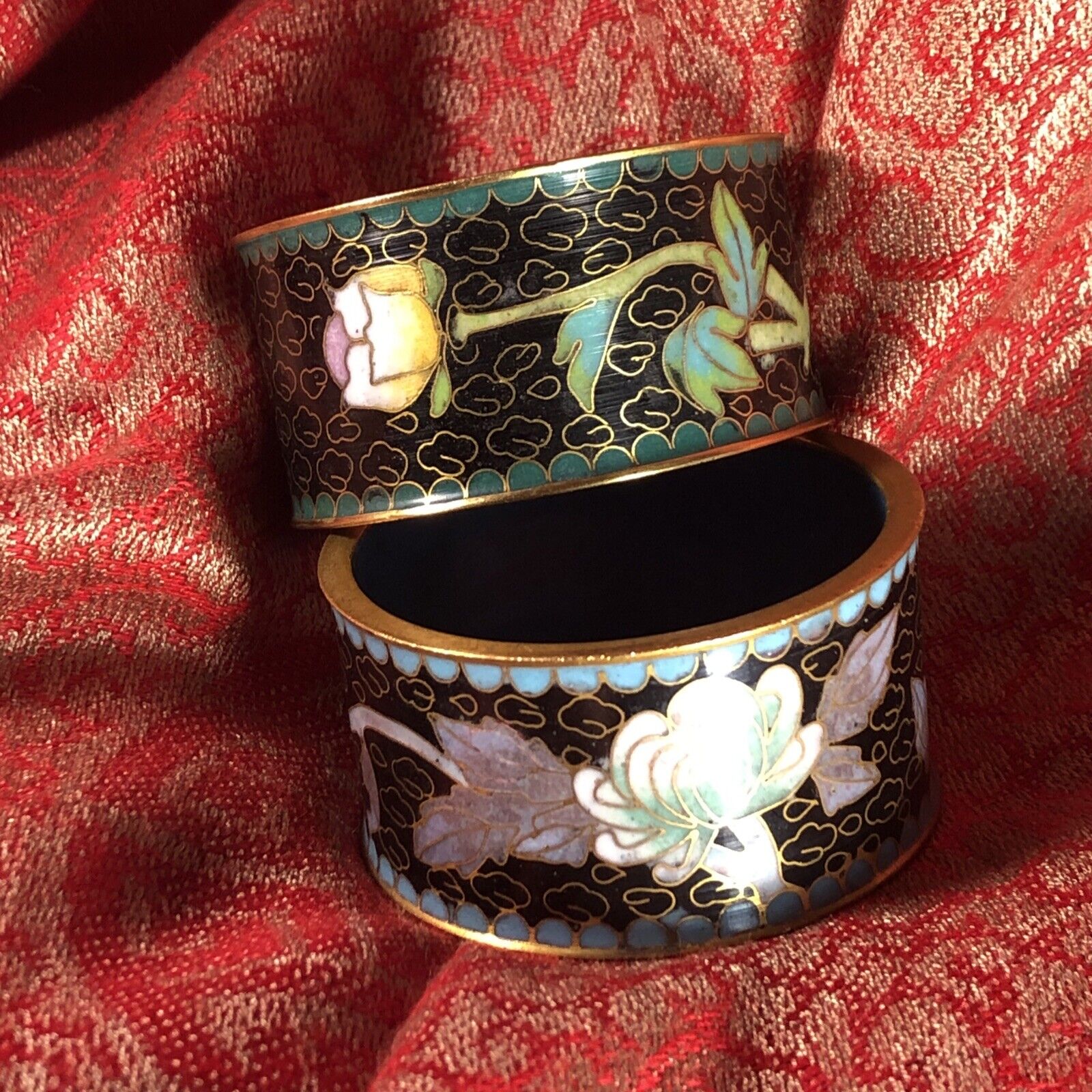 Chinese black cloisonné Floral vintage Art Deco oriental napkin serviette rings