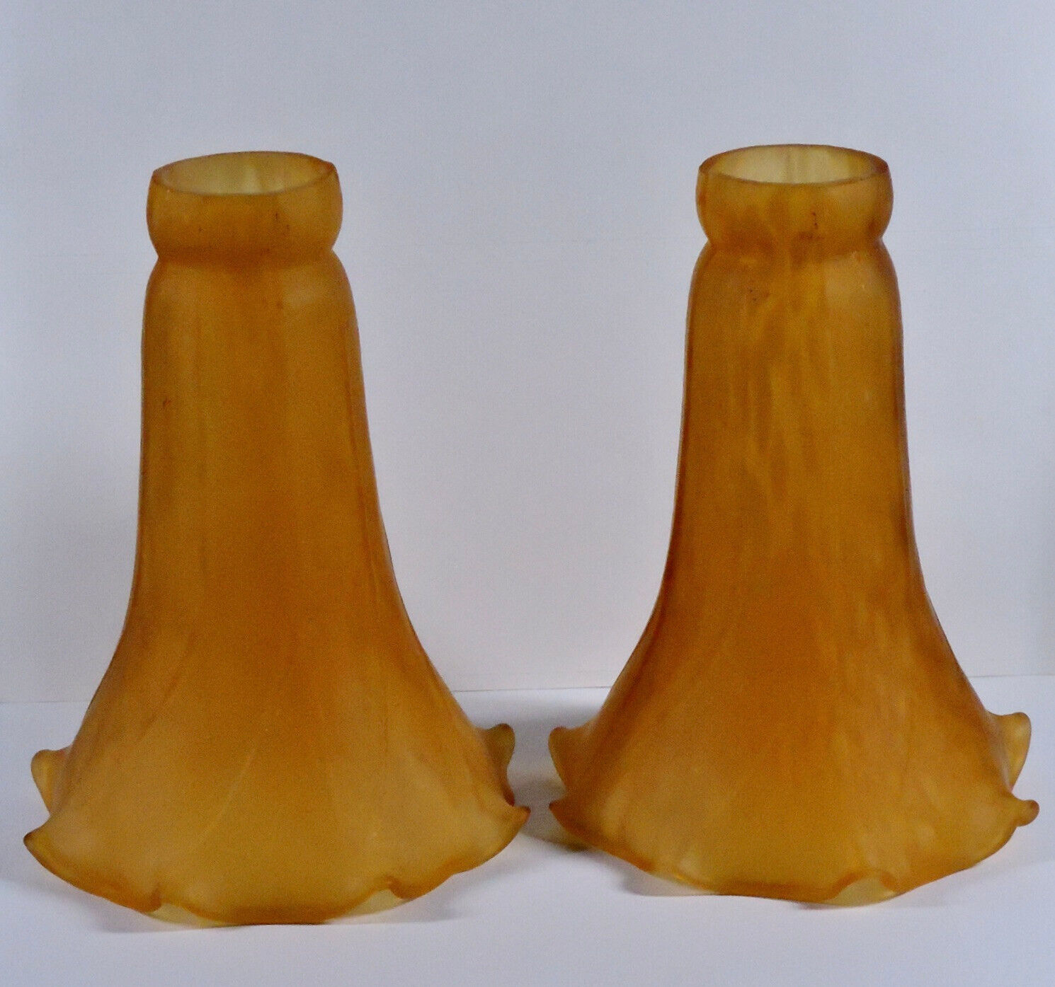2 Vtg Amber Glass Lily Tulip Trumpet Flower Tiffany Style Lamp Shades