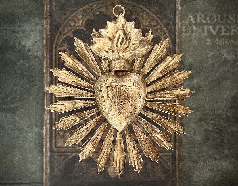 Sacred Heart, Milagro Heart, Small Gold Heart Sunburst Flame, Catholic