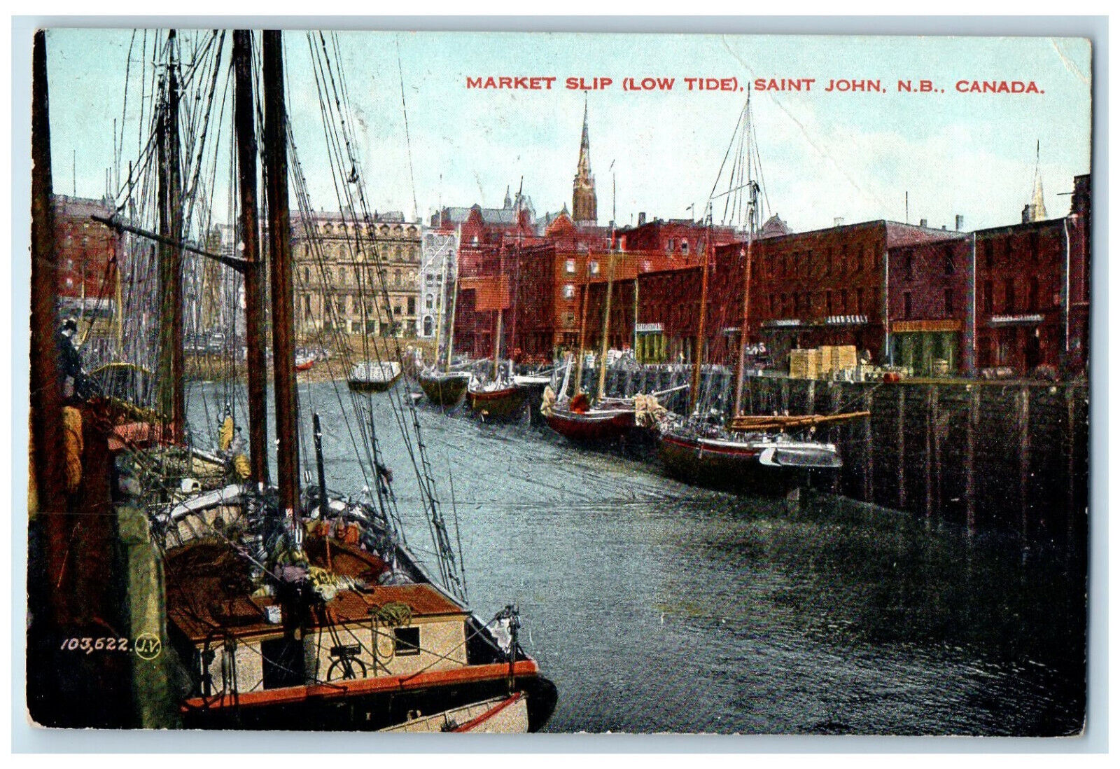 c1910 Schooner Market Slip (Low Tide) Saint John New Brunswick Canada Postcard