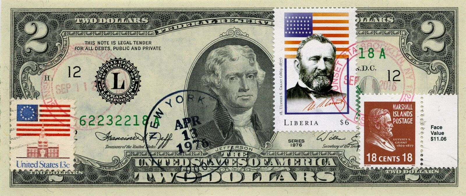 MAGNET $2 1976 POST STAMP ULYSSES S. GRANT 18th PRESIDENT OF THE UNITED STATES