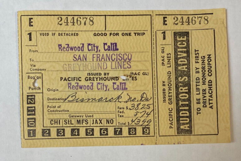 1953 Pacific Greyhound Bus Tickets Redwood City CA