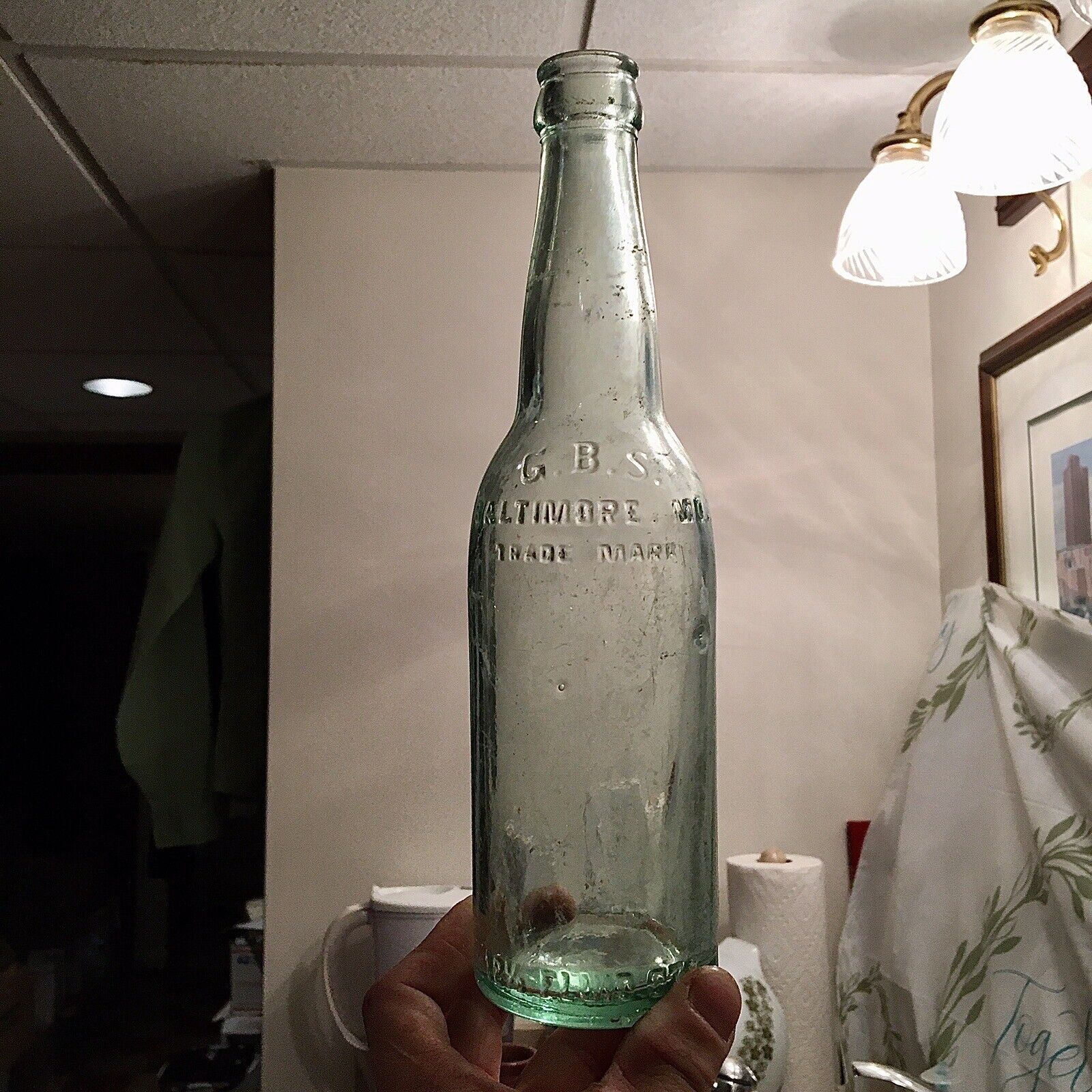 Embossed Pre-Pro Beer Bottle GBS Baltimore MD Shoulder Arc Aqua Dated 1916 Old