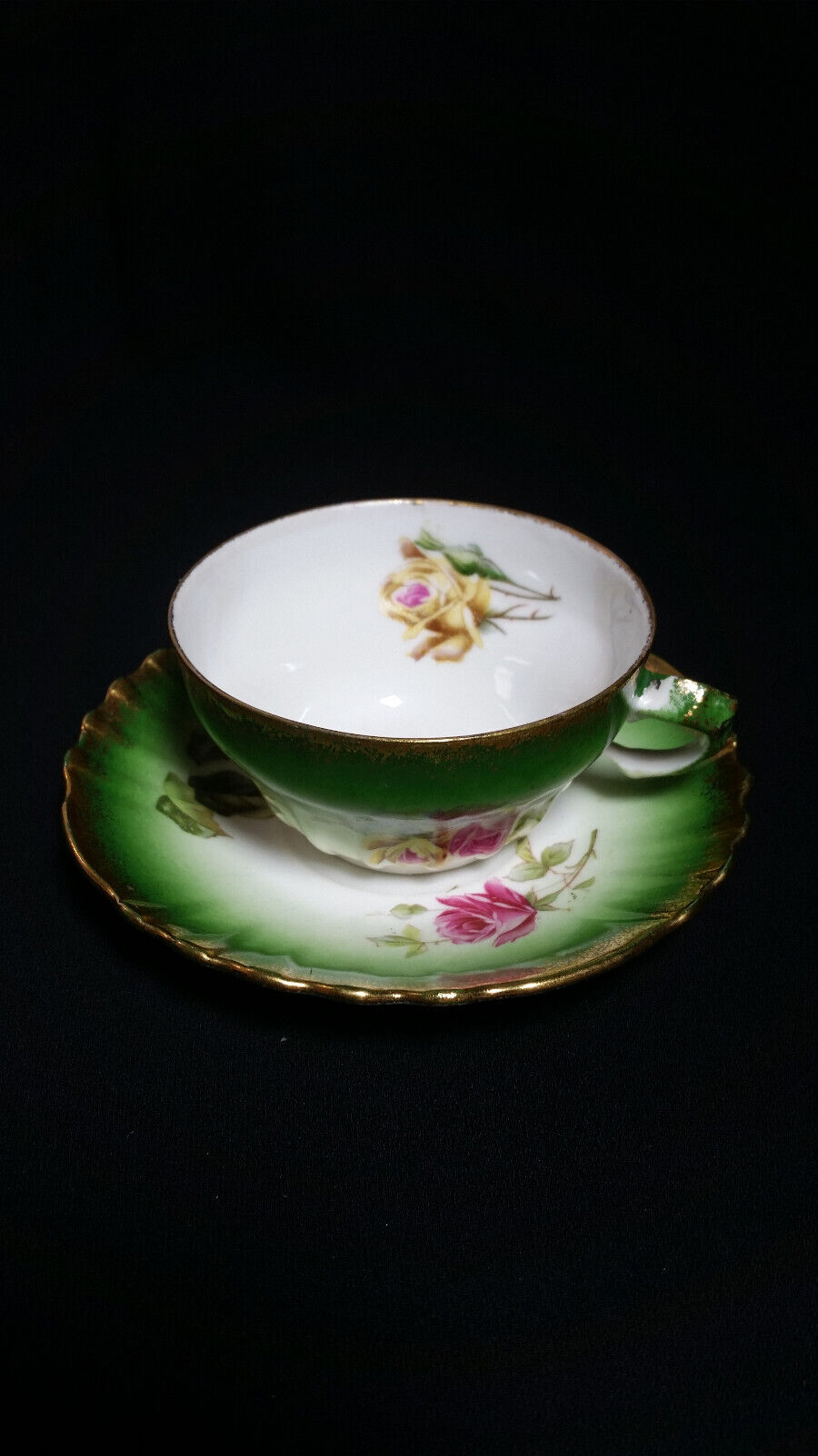VINTAGE IMPERIAL AUSTRIA TEA CUP AND SAUCER SET GREEN PINK ROSES GOLD TRIM