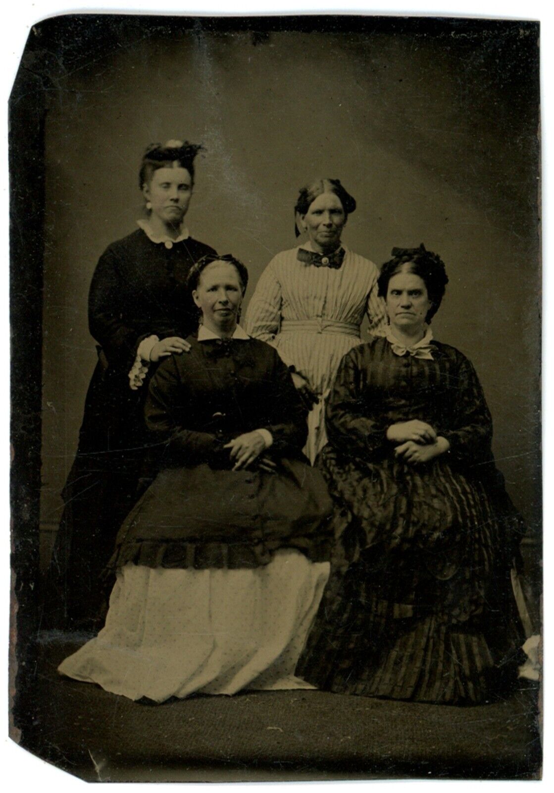 CIRCA 1860\'S Stunning  TINTYPE Featuring 4 Lovely Women Wearing Gorgeous Dresses
