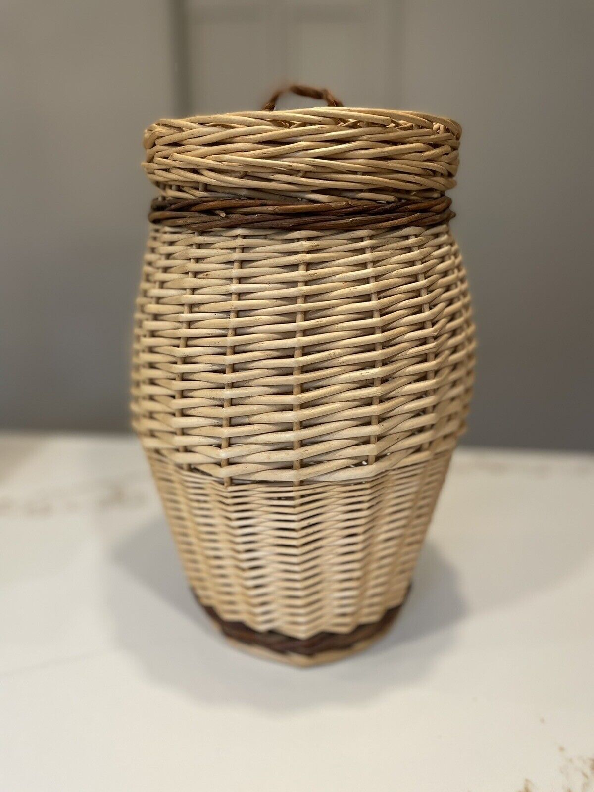 Urn Shaped Large Wicker Basket Lid Tall Woven Vase Decorative Handle Vintage