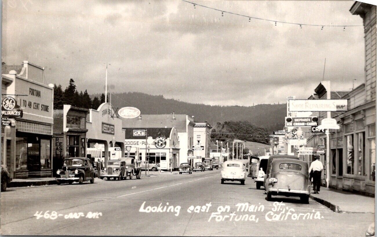 Vintage Postcard RPPC Looking East on Main Street View Two Fortuna California A2