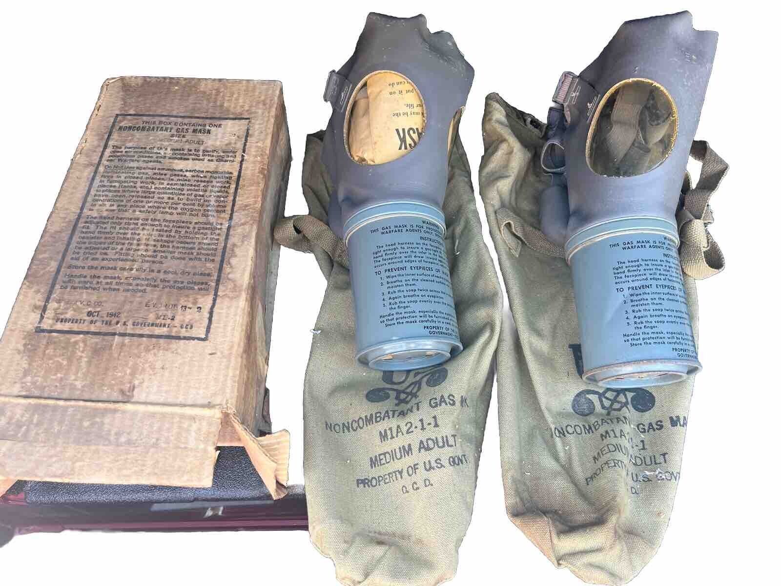 Vintage 1942 US Army Noncombatant Gas Mask MIA2-I-I Adult M Box Canister Set Lot