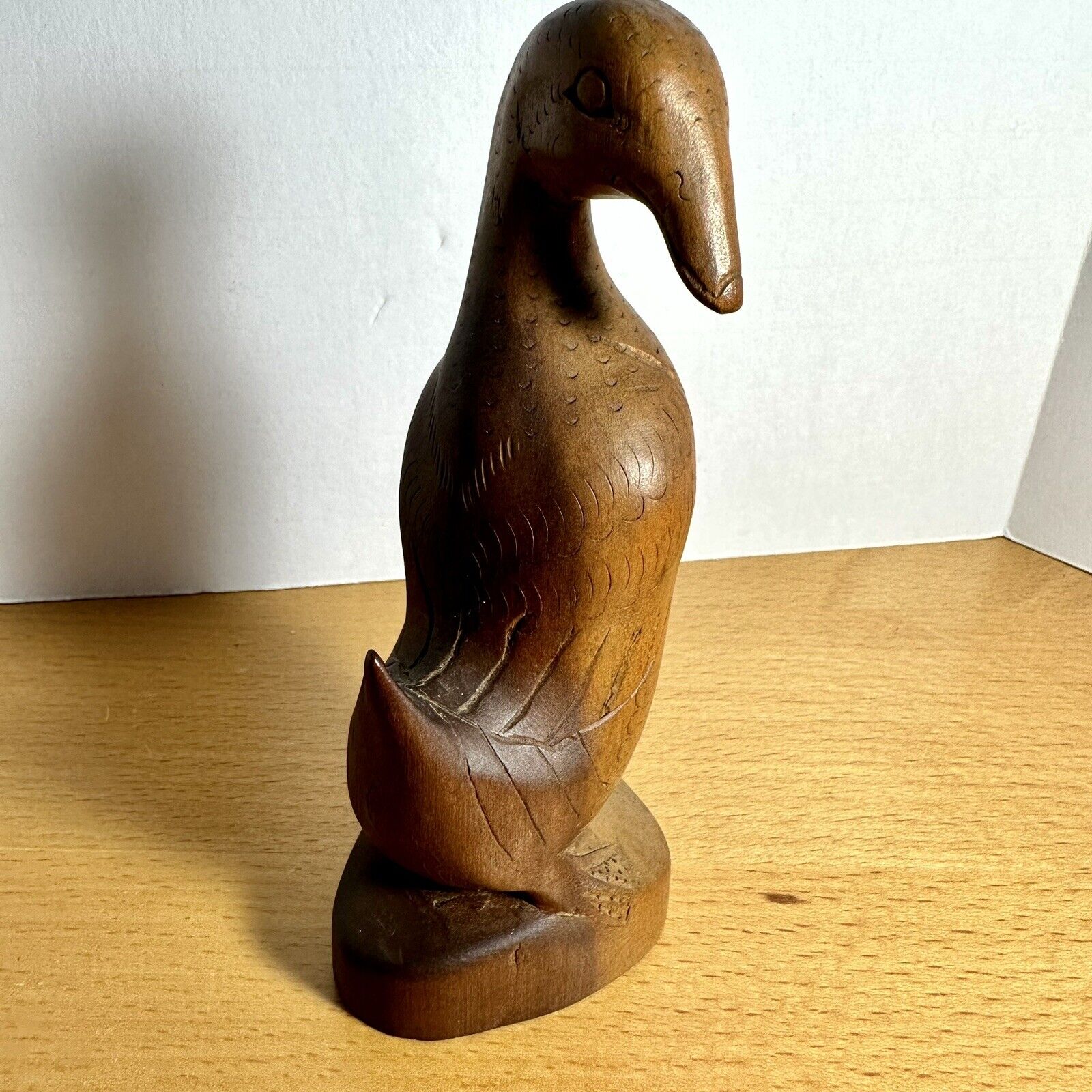 Vintage Hand Carved Intricate Wooden Duck Goose Figurine Marked On Bottom