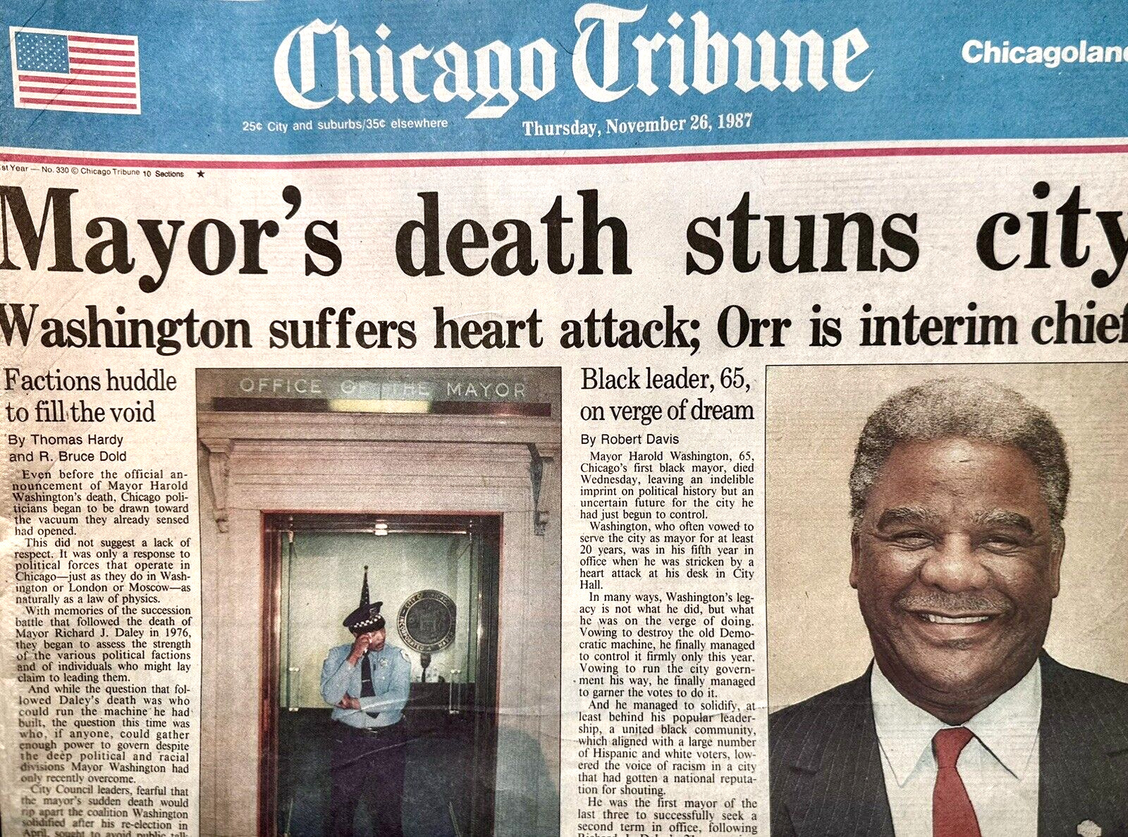 1987 Chicago Shock: 1st Black Mayor Washington Dead / Chicago Tribune / 1st Sect