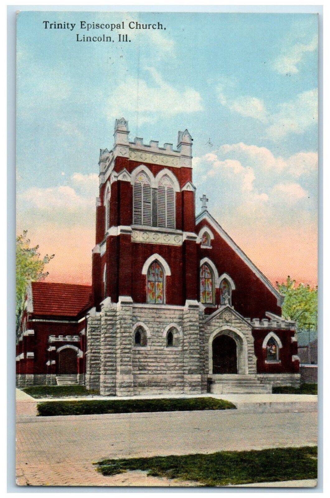 1920 Trinity Episcopal Church Scene Street Lincoln Illinois IL Vintage Postcard