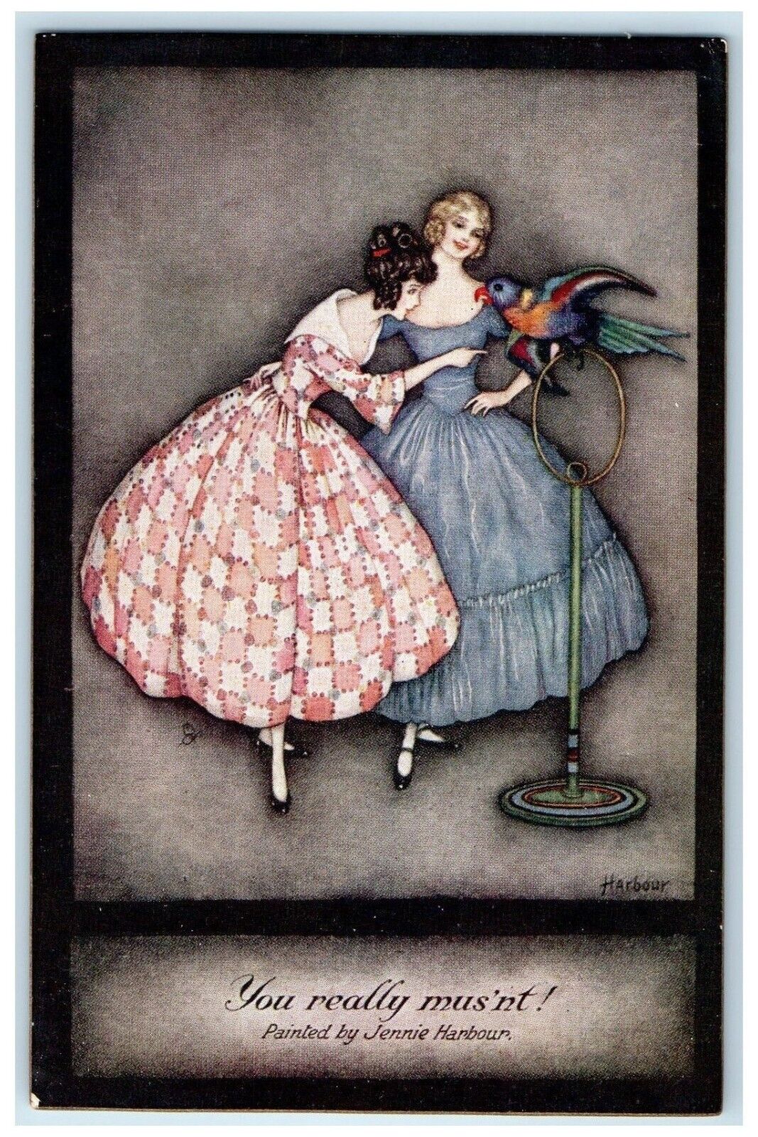 c1910's Early Victorian Pretty Girls Harbour Parrot Tuck's Antique Postcard