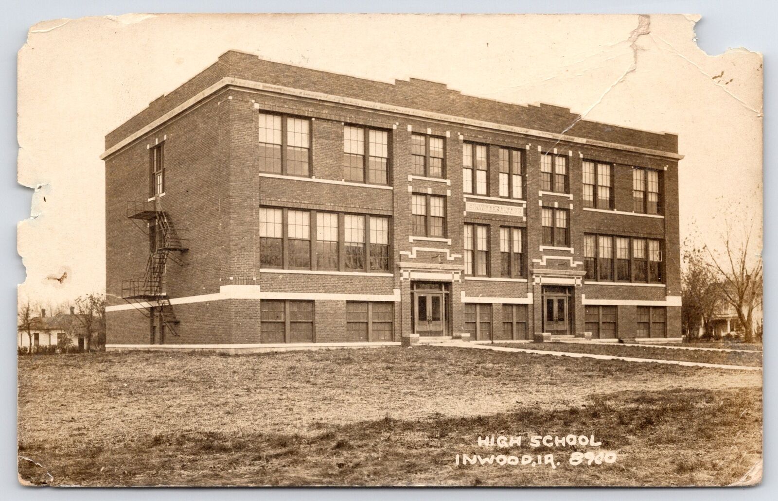 Inwood Iowa~Visiting Helgerson\'s~High School w/Fire Escapes~Twin Entrances RPPC