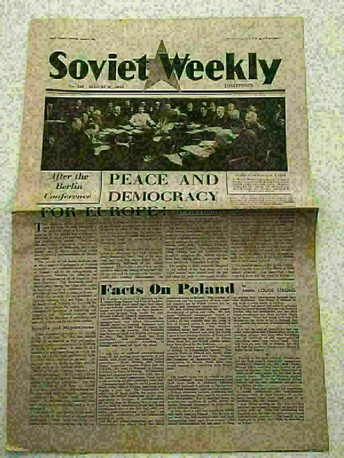 KL) USSR Soviet Weekly Newspaper Joseph Stalin Truman Atlee Peace August 9 1945