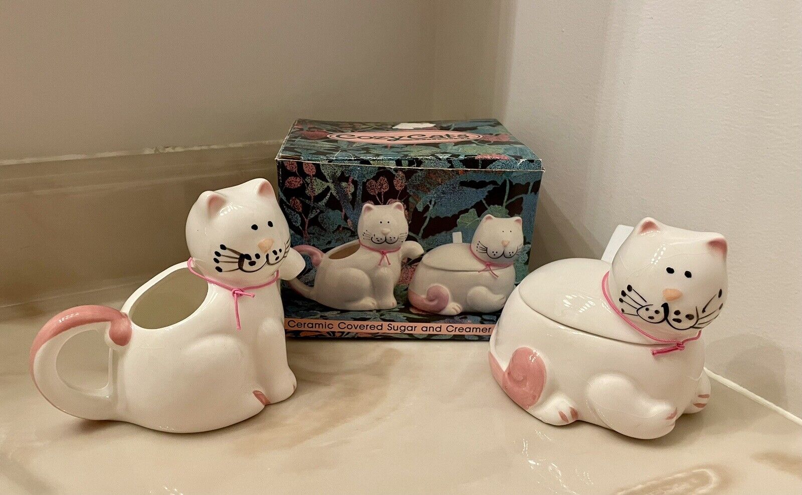 Cozy Cats Sugar & Creamer Set Mount Clemens Pottery 1989 Original Box Vintage