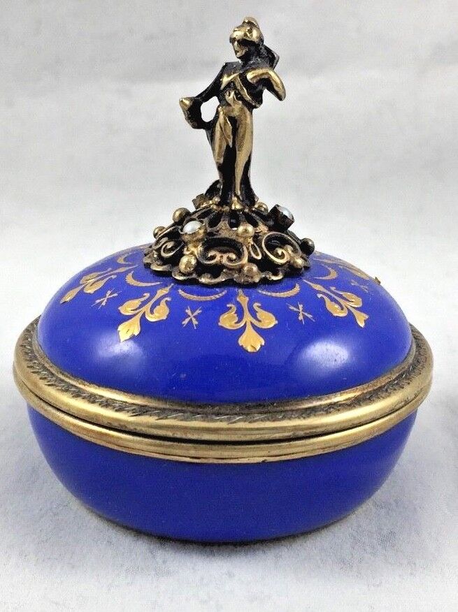 Beautiful Figural Sterling and Enameled With Pearl Round Box
