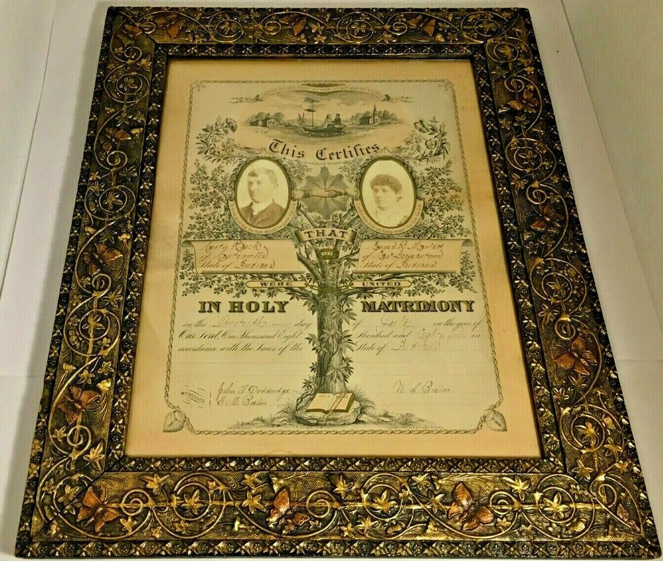 1884 Antique Marriage Certificate from Indiana Nicely Framed with Photographs