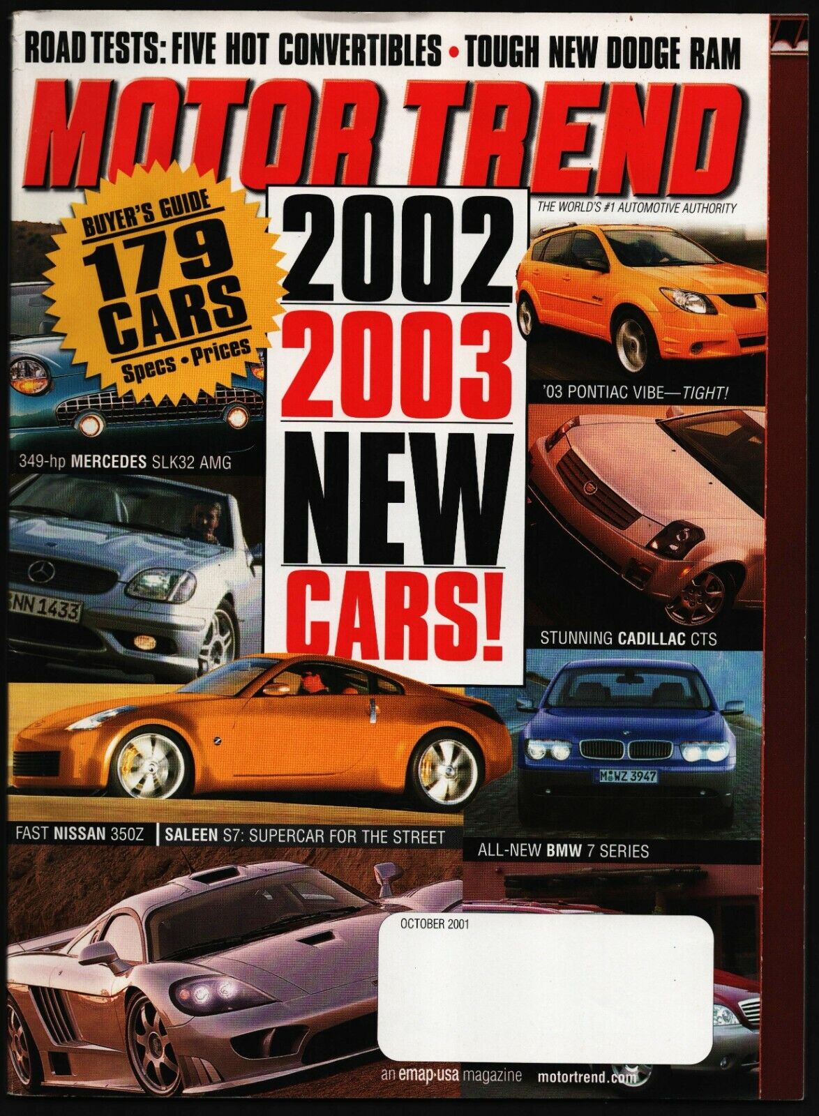 OCTOBER 2001 MOTOR TREND MAGAZINE NEW CARS, MERCEDES SLK32 AMG, SALEEN S7