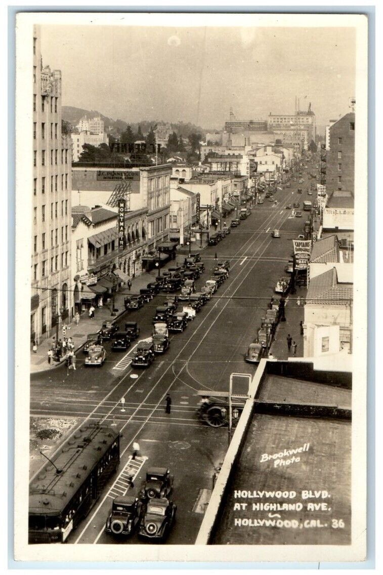 c1940\'s Hollywood Blvd Highland Ave Brookwell Hollywood CA RPPC Photo Postcard