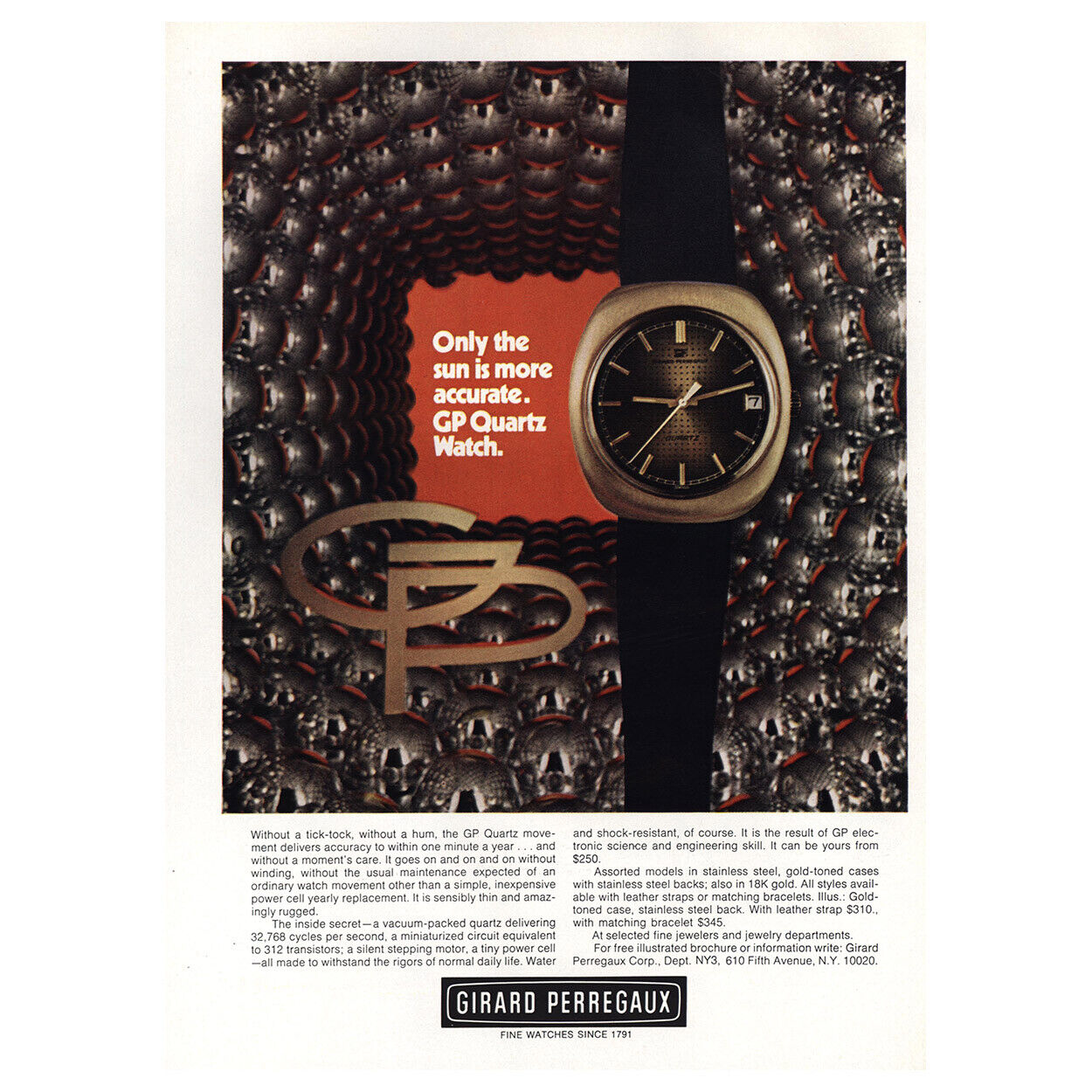 1972 Girard Perregaux: Only the Sun Is More Accurate Watch Vintage Print Ad