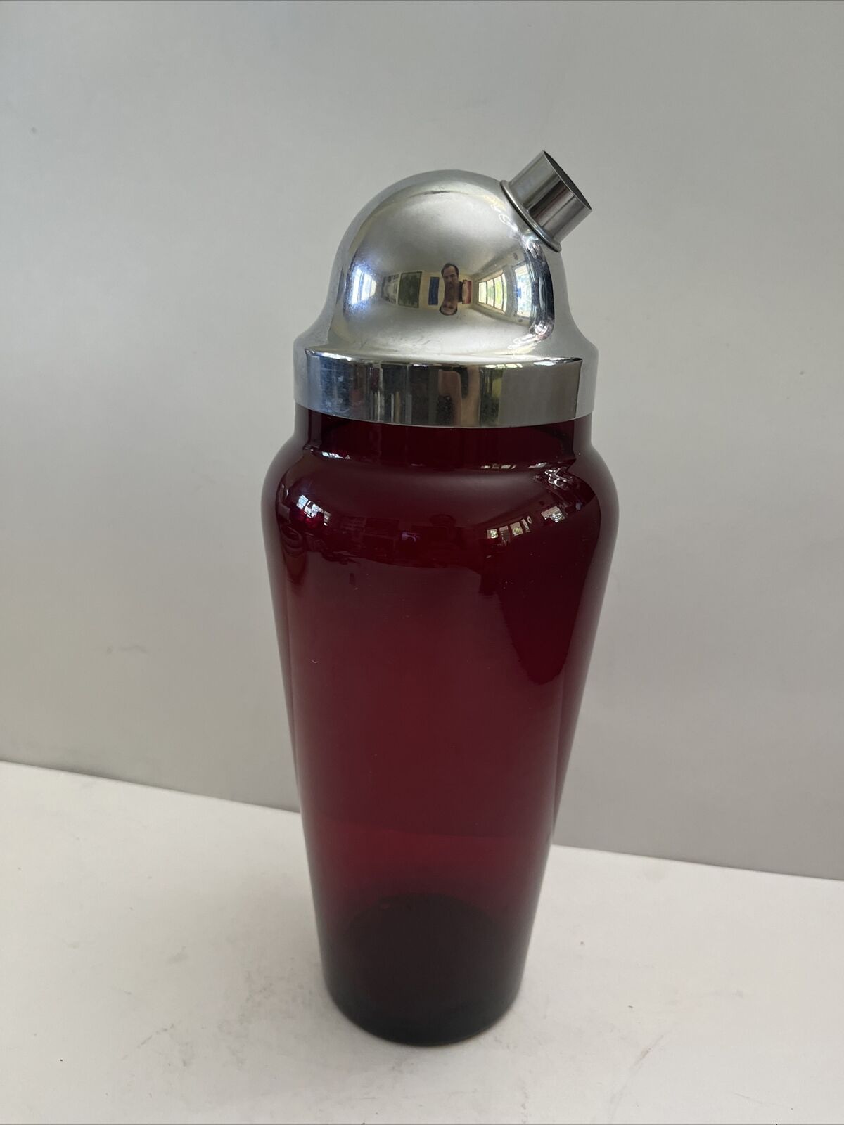 Vintage Ruby Red Glass Chrome Cocktail Shaker Tall MCM Gorgeous