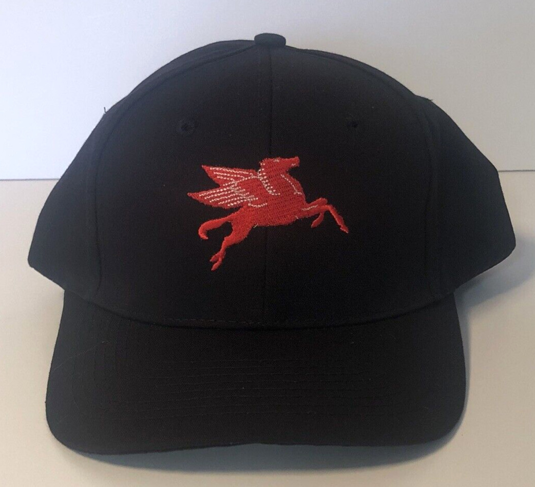 New Mobil Pegasus Cap Hat Flying Red Horse Black Embroidered NOS Vtg Snapback